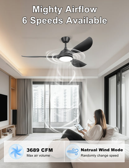 56'' Ceiling Fan with Lights - Modern 3 Blades Black Ceiling Fan with Remote, Quiet DC Motor Indoor/Outdoor Ceiling Fans for Patio, Living Room