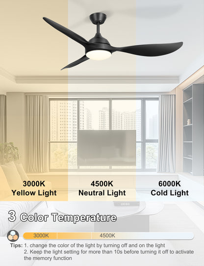 56'' Ceiling Fan with Lights - Modern 3 Blades Black Ceiling Fan with Remote, Quiet DC Motor Indoor/Outdoor Ceiling Fans for Patio, Living Room