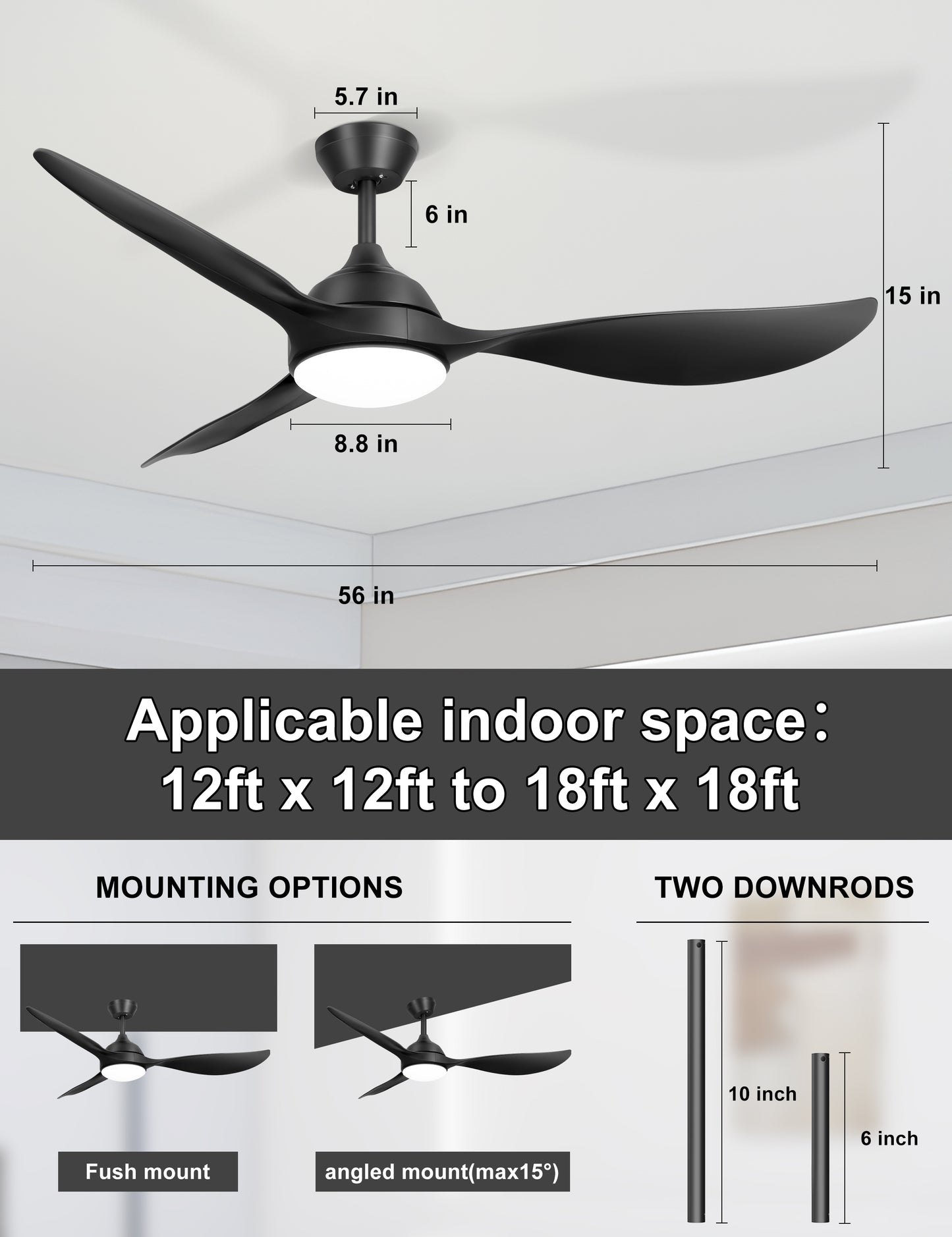 56'' Ceiling Fan with Lights - Modern 3 Blades Black Ceiling Fan with Remote, Quiet DC Motor Indoor/Outdoor Ceiling Fans for Patio, Living Room