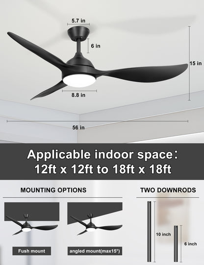 56'' Ceiling Fan with Lights - Modern 3 Blades Black Ceiling Fan with Remote, Quiet DC Motor Indoor/Outdoor Ceiling Fans for Patio, Living Room