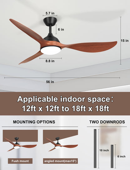 56'' Ceiling Fan with Lights - Modern 3 Blades Black Ceiling Fan with Remote, Quiet DC Motor Indoor/Outdoor Ceiling Fans for Patio, Living Room