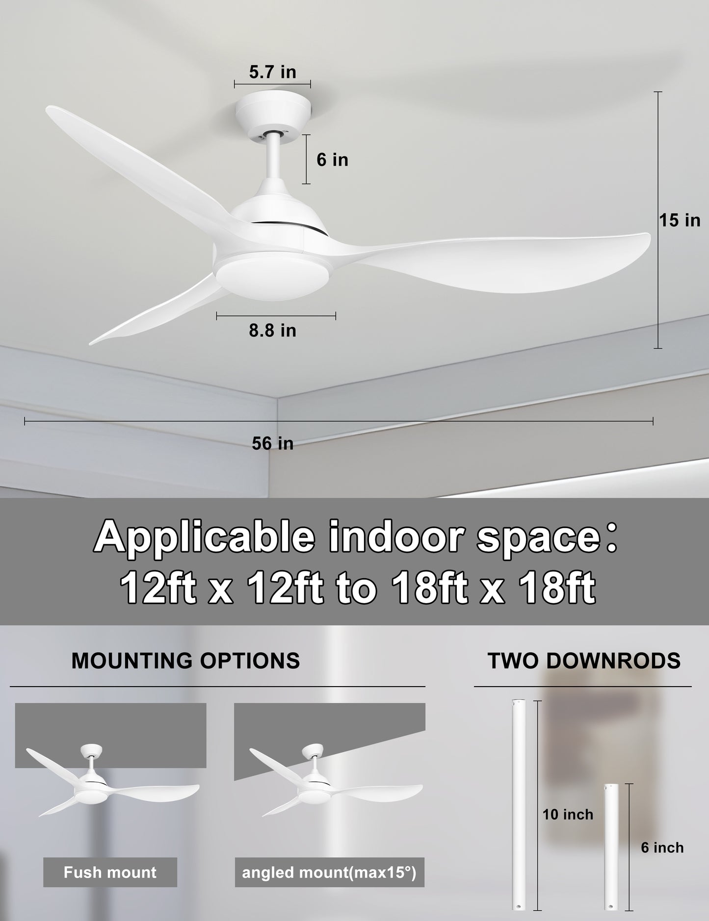 56'' Ceiling Fan with Lights - Modern 3 Blades Black Ceiling Fan with Remote, Quiet DC Motor Indoor/Outdoor Ceiling Fans for Patio, Living Room