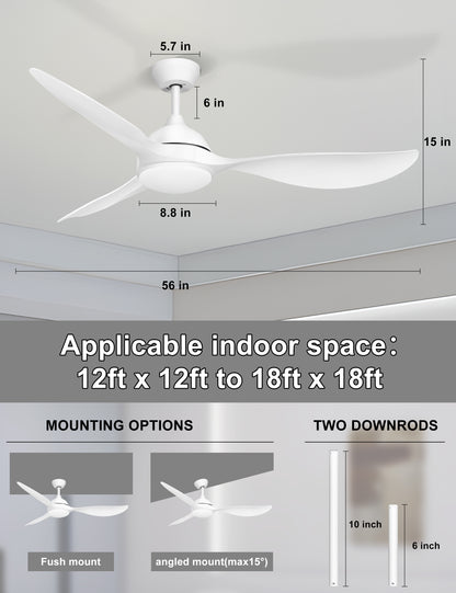 56'' Ceiling Fan with Lights - Modern 3 Blades Black Ceiling Fan with Remote, Quiet DC Motor Indoor/Outdoor Ceiling Fans for Patio, Living Room