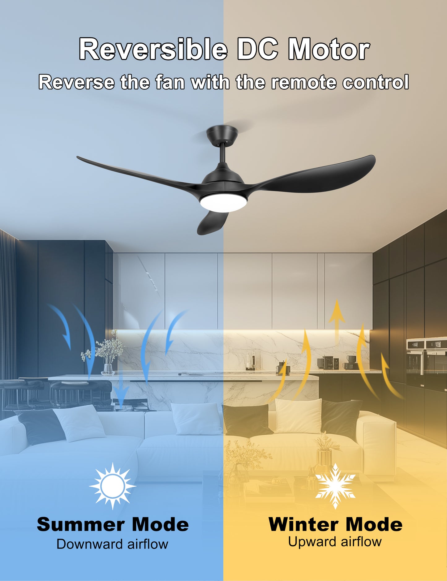 56'' Ceiling Fan with Lights - Modern 3 Blades Black Ceiling Fan with Remote, Quiet DC Motor Indoor/Outdoor Ceiling Fans for Patio, Living Room
