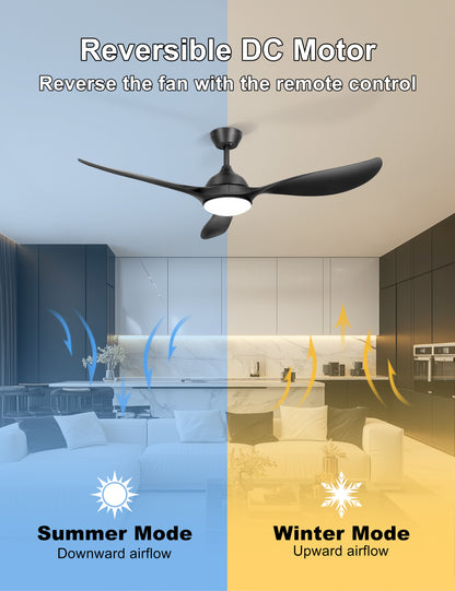 56'' Ceiling Fan with Lights - Modern 3 Blades Black Ceiling Fan with Remote, Quiet DC Motor Indoor/Outdoor Ceiling Fans for Patio, Living Room
