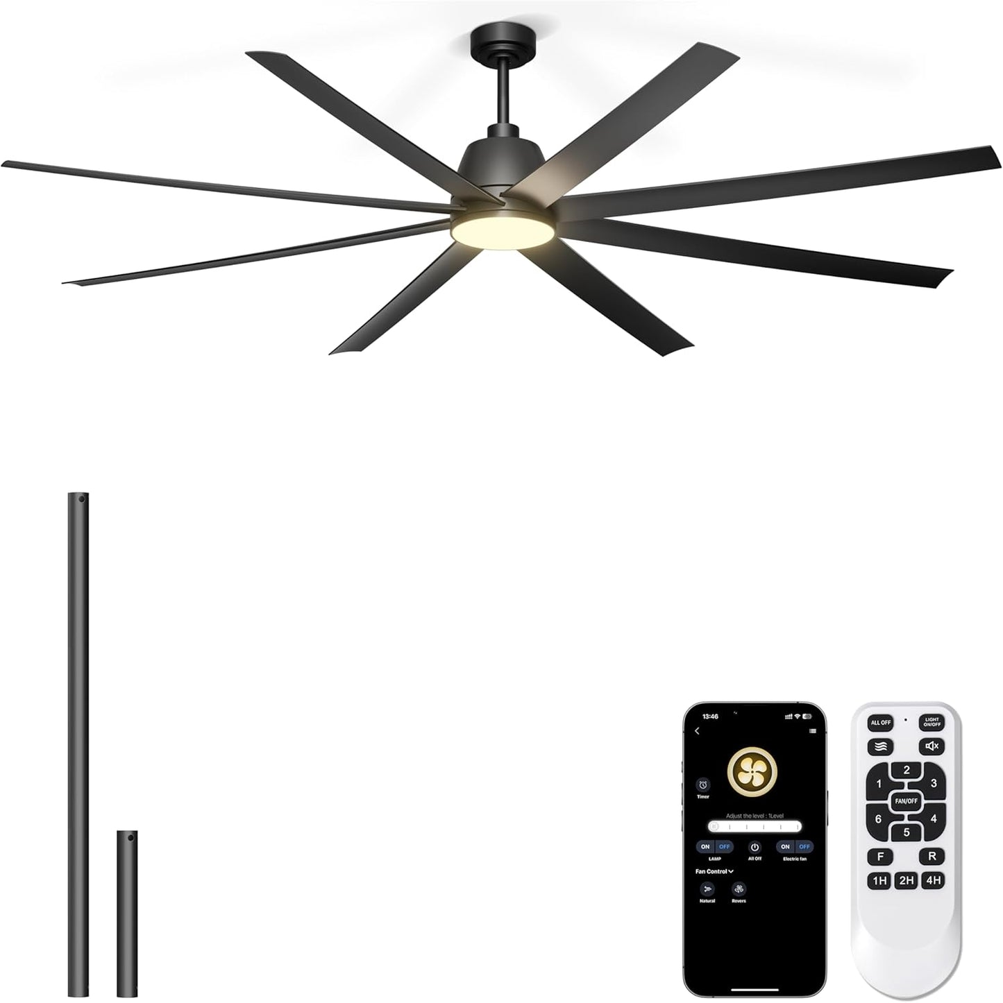 65 Inch Ceiling Fan with Lights - Black Ceiling Fan with Remote & APP Control, 3CCT, Dimmable, Quiet Reversible DC Motor, Indoor Outdoor Ceiling Fans for Patio Living Room Garage Shop
