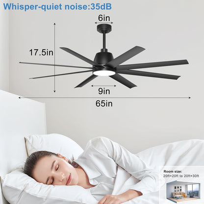 65 Inch Ceiling Fan with Lights - Black Ceiling Fan with Remote & APP Control, 3CCT, Dimmable, Quiet Reversible DC Motor, Indoor Outdoor Ceiling Fans for Patio Living Room Garage Shop