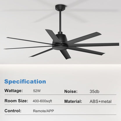 65 Inch Ceiling Fan with Lights - Black Ceiling Fan with Remote & APP Control, 3CCT, Dimmable, Quiet Reversible DC Motor, Indoor Outdoor Ceiling Fans for Patio Living Room Garage Shop