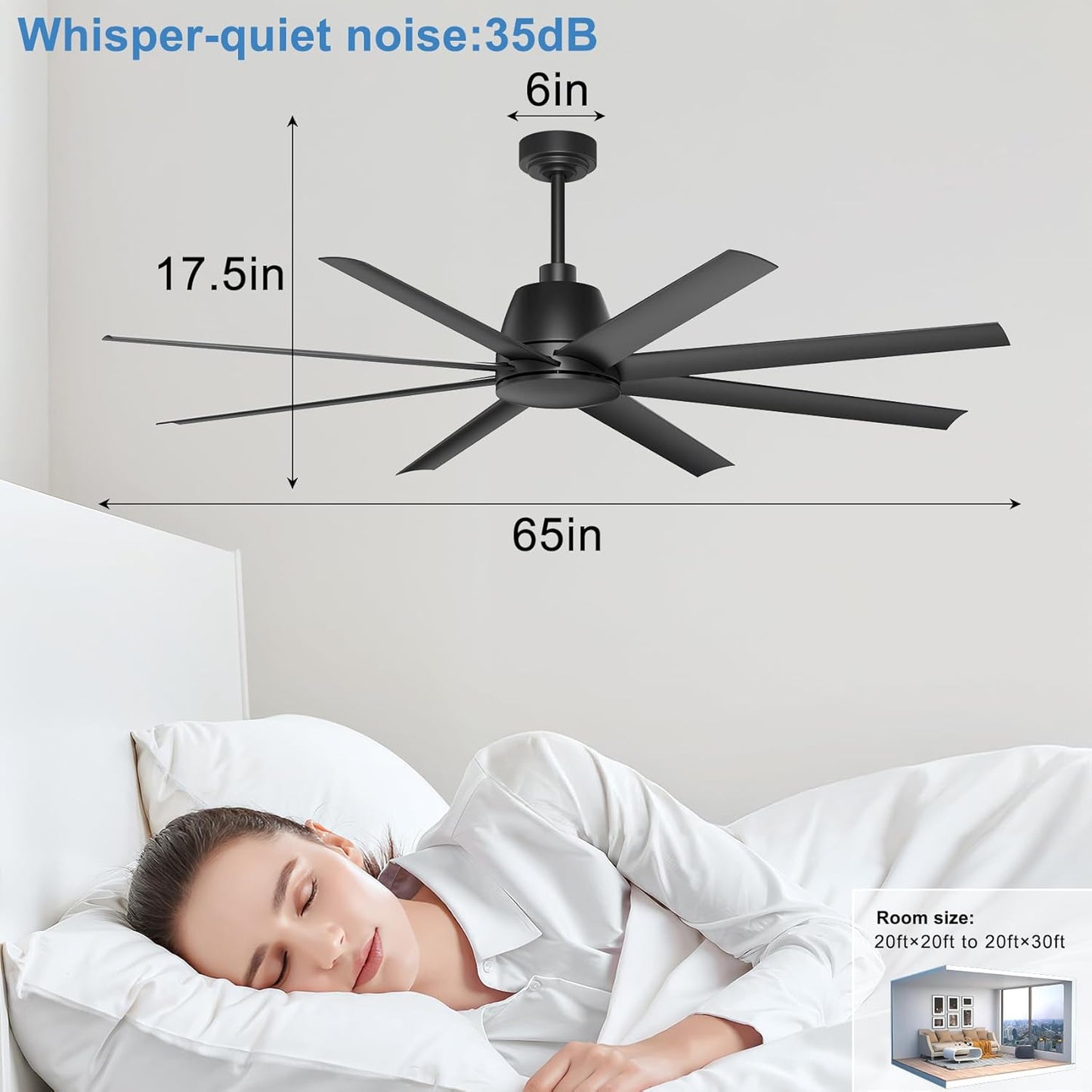 65 Inch Ceiling Fan with Lights - Black Ceiling Fan with Remote & APP Control, 3CCT, Dimmable, Quiet Reversible DC Motor, Indoor Outdoor Ceiling Fans for Patio Living Room Garage Shop