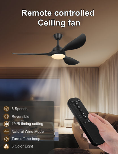 56'' Ceiling Fan with Lights - Modern 3 Blades Black Ceiling Fan with Remote, Quiet DC Motor Indoor/Outdoor Ceiling Fans for Patio, Living Room