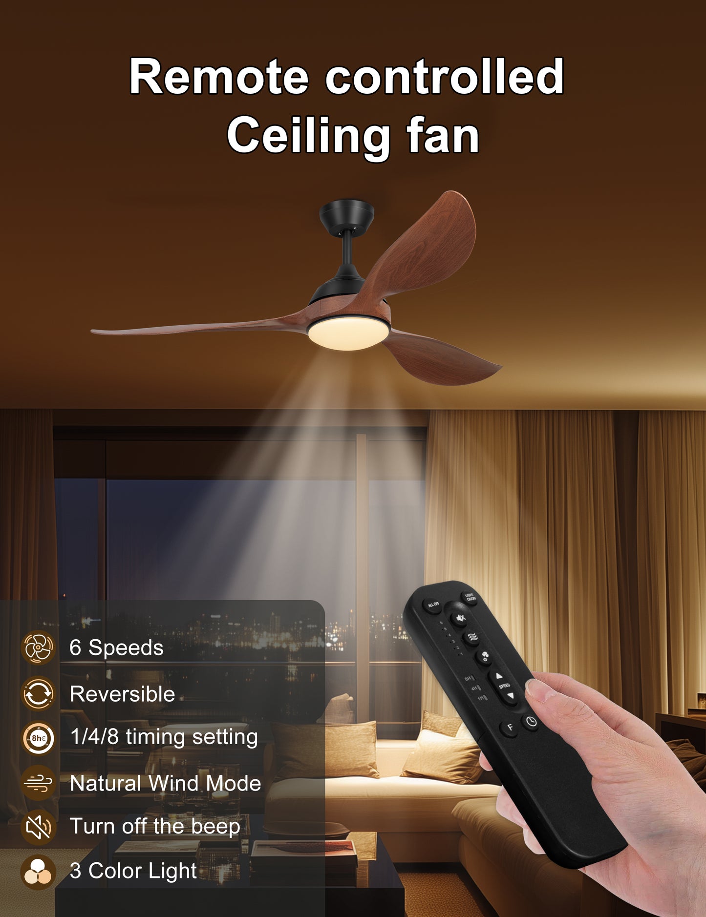56'' Ceiling Fan with Lights - Modern 3 Blades Black Ceiling Fan with Remote, Quiet DC Motor Indoor/Outdoor Ceiling Fans for Patio, Living Room