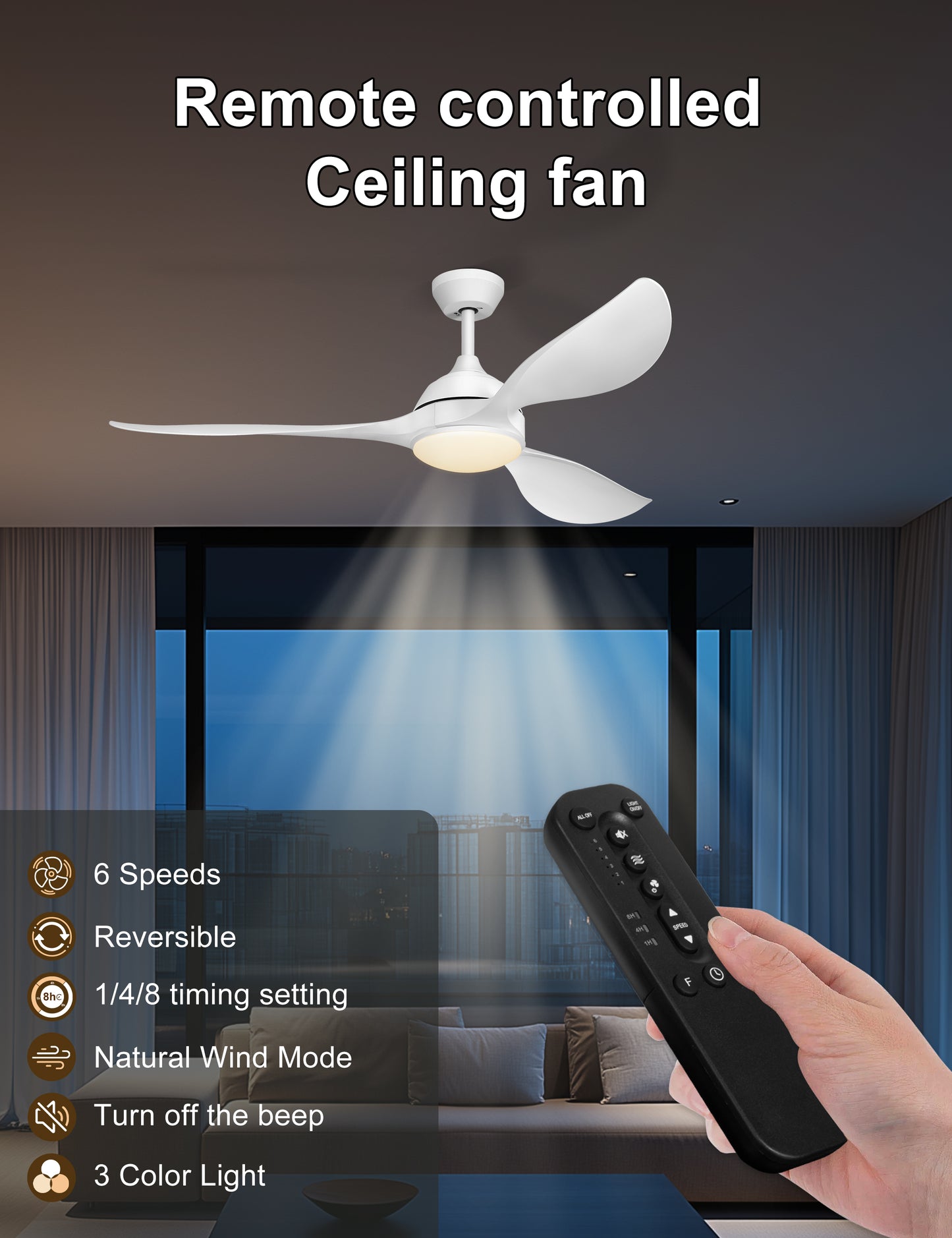 56'' Ceiling Fan with Lights - Modern 3 Blades Black Ceiling Fan with Remote, Quiet DC Motor Indoor/Outdoor Ceiling Fans for Patio, Living Room