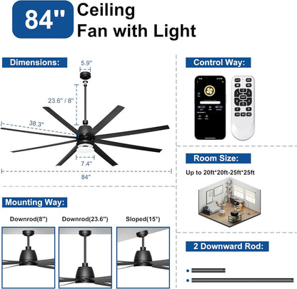 65 Inch Ceiling Fan with Lights - Black Ceiling Fan with Remote & APP Control, 3CCT, Dimmable, Quiet Reversible DC Motor, Indoor Outdoor Ceiling Fans for Patio Living Room Garage Shop