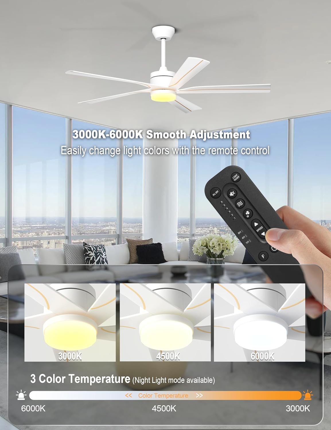 56" Ceiling Fan with Light, Black Ceiling Fan Remote Control - 3CCT, Quiet DC Motor Ceiling Fans for Indoor Outdoor Patio, Living Room