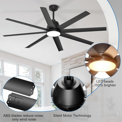 65 Inch Ceiling Fan with Lights - Black Ceiling Fan with Remote & APP Control, 3CCT, Dimmable, Quiet Reversible DC Motor, Indoor Outdoor Ceiling Fans for Patio Living Room Garage Shop