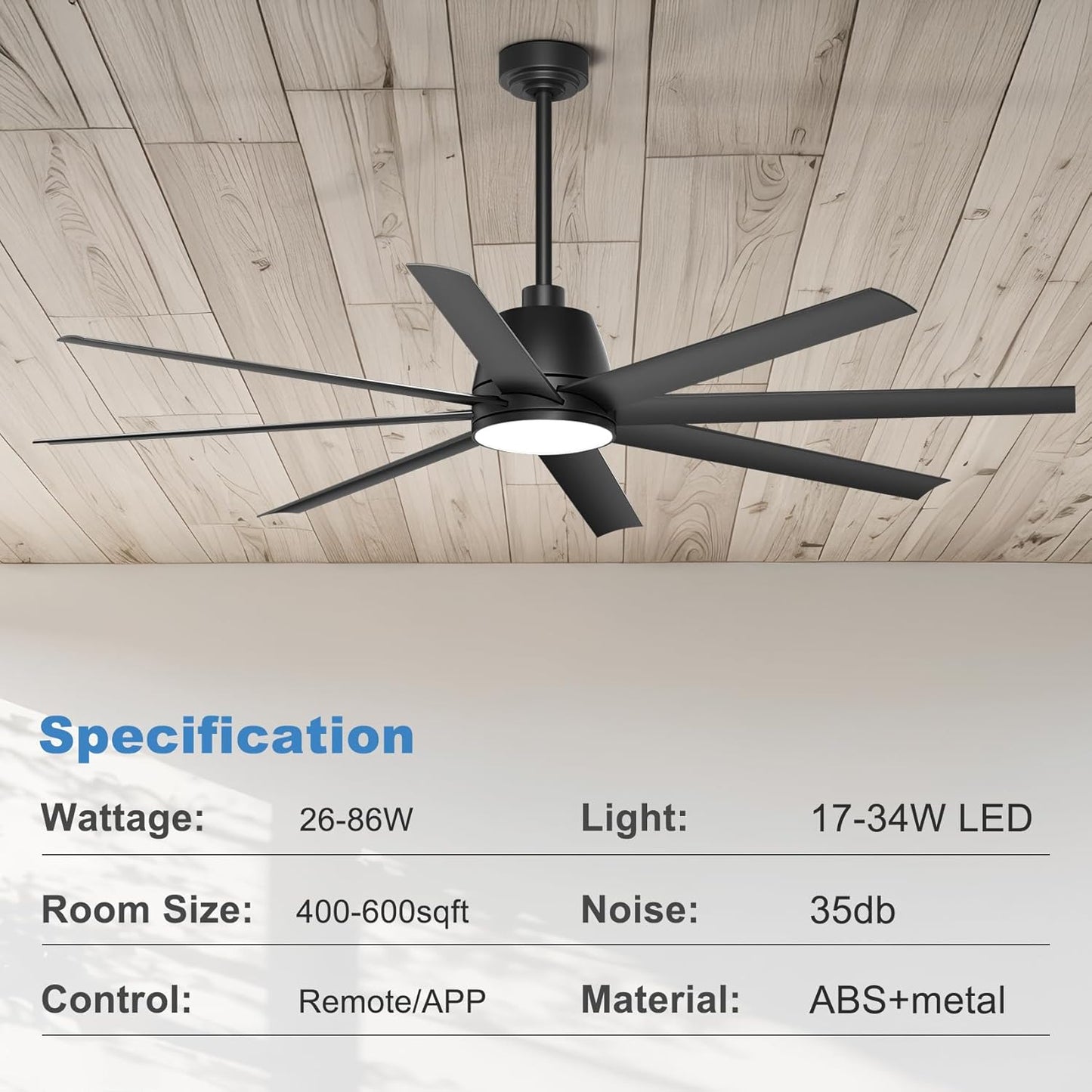 65 Inch Ceiling Fan with Lights - Black Ceiling Fan with Remote & APP Control, 3CCT, Dimmable, Quiet Reversible DC Motor, Indoor Outdoor Ceiling Fans for Patio Living Room Garage Shop