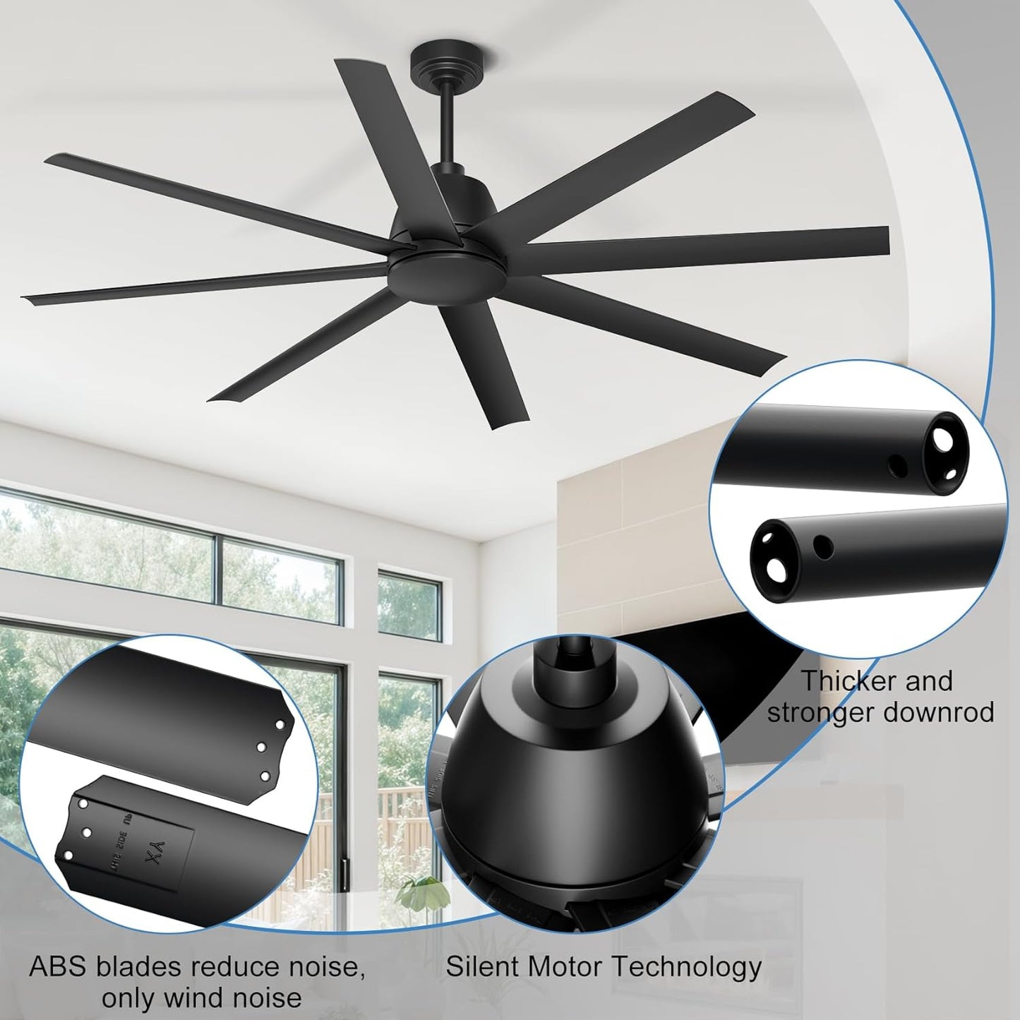 65 Inch Ceiling Fan with Lights - Black Ceiling Fan with Remote & APP Control, 3CCT, Dimmable, Quiet Reversible DC Motor, Indoor Outdoor Ceiling Fans for Patio Living Room Garage Shop