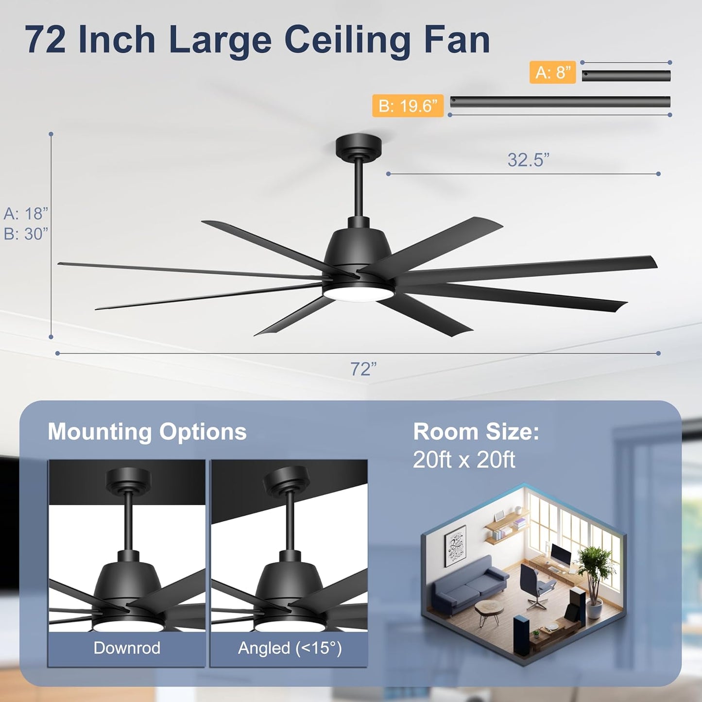 65 Inch Ceiling Fan with Lights - Black Ceiling Fan with Remote & APP Control, 3CCT, Dimmable, Quiet Reversible DC Motor, Indoor Outdoor Ceiling Fans for Patio Living Room Garage Shop