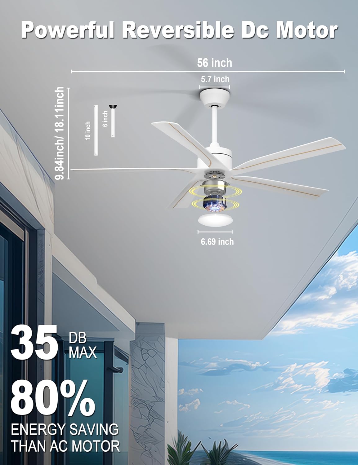 56" Ceiling Fan with Light, Black Ceiling Fan Remote Control - 3CCT, Quiet DC Motor Ceiling Fans for Indoor Outdoor Patio, Living Room