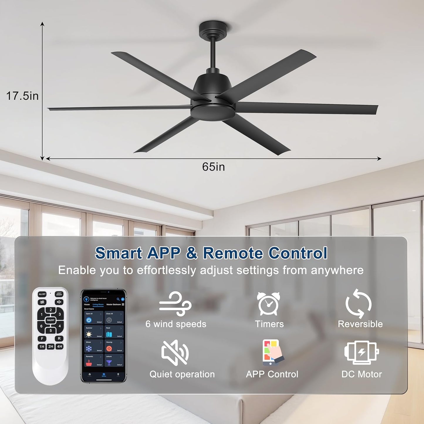 65 Inch Ceiling Fan with Lights - Black Ceiling Fan with Remote & APP Control, 3CCT, Dimmable, Quiet Reversible DC Motor, Indoor Outdoor Ceiling Fans for Patio Living Room Garage Shop