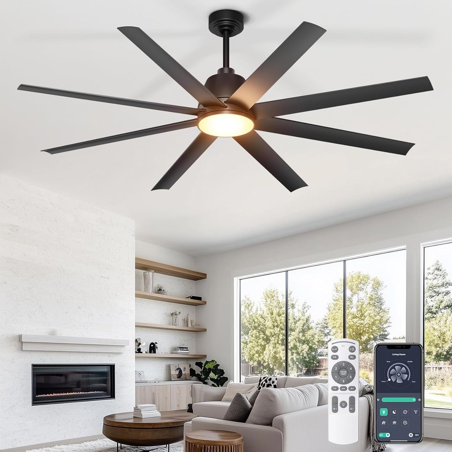 65 Inch Ceiling Fan with Lights - Black Ceiling Fan with Remote & APP Control, 3CCT, Dimmable, Quiet Reversible DC Motor, Indoor Outdoor Ceiling Fans for Patio Living Room Garage Shop
