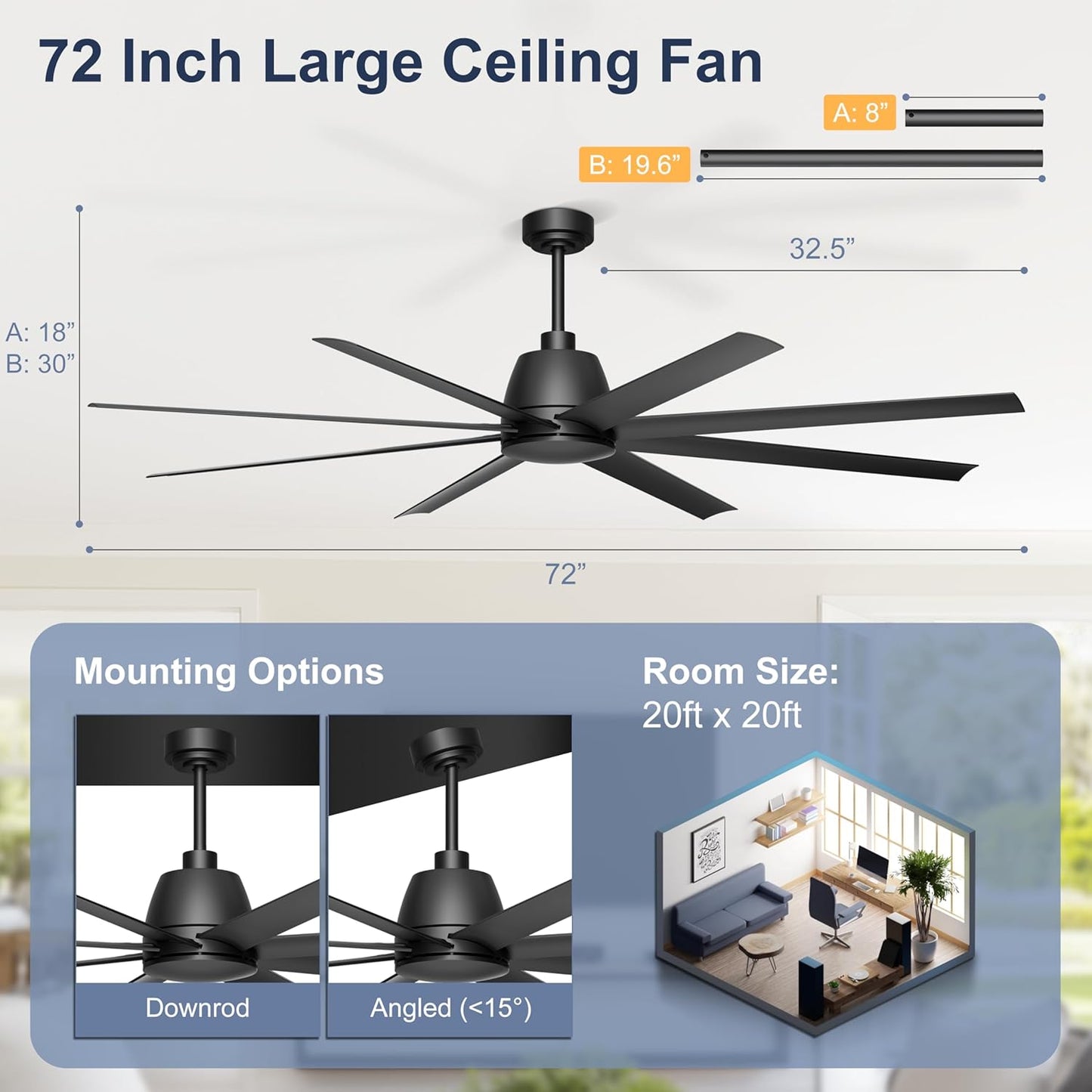 65 Inch Ceiling Fan with Lights - Black Ceiling Fan with Remote & APP Control, 3CCT, Dimmable, Quiet Reversible DC Motor, Indoor Outdoor Ceiling Fans for Patio Living Room Garage Shop