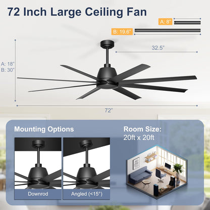 65 Inch Ceiling Fan with Lights - Black Ceiling Fan with Remote & APP Control, 3CCT, Dimmable, Quiet Reversible DC Motor, Indoor Outdoor Ceiling Fans for Patio Living Room Garage Shop