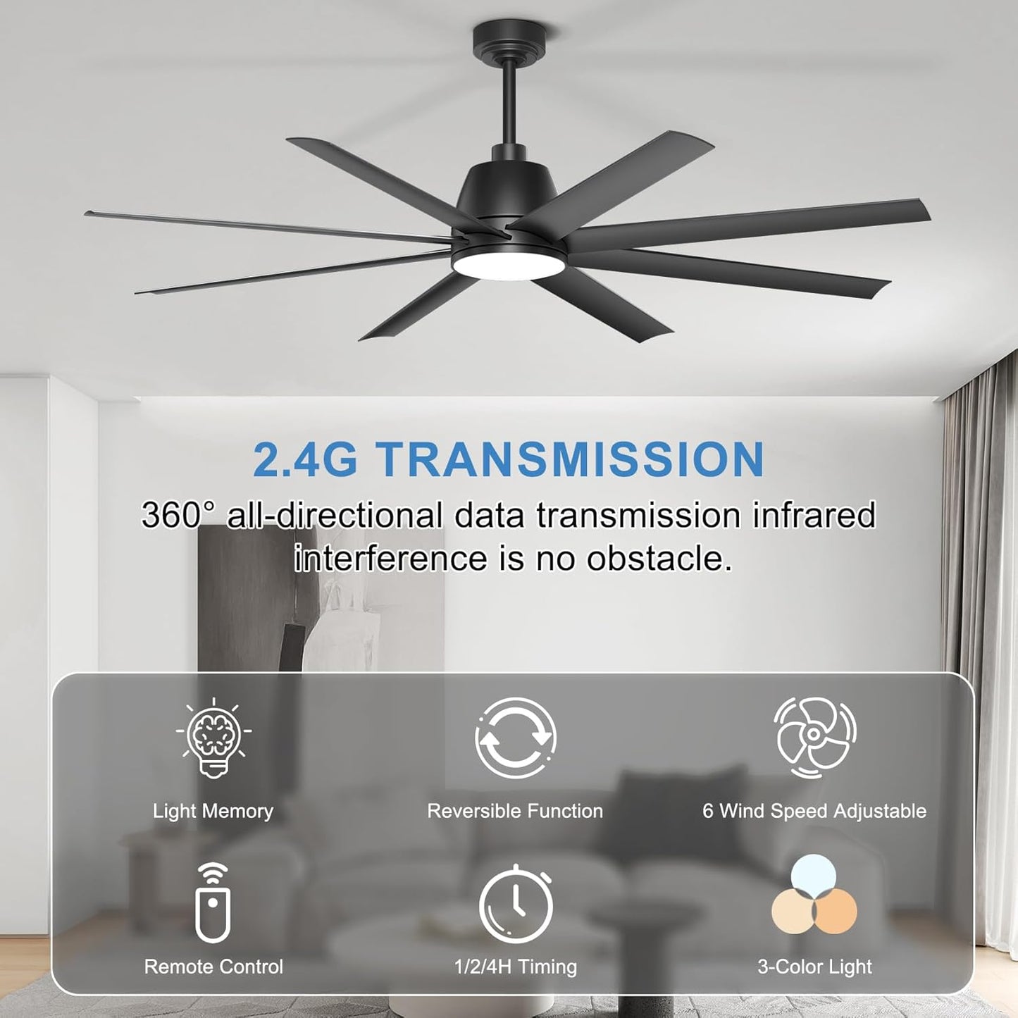 65 Inch Ceiling Fan with Lights - Black Ceiling Fan with Remote & APP Control, 3CCT, Dimmable, Quiet Reversible DC Motor, Indoor Outdoor Ceiling Fans for Patio Living Room Garage Shop