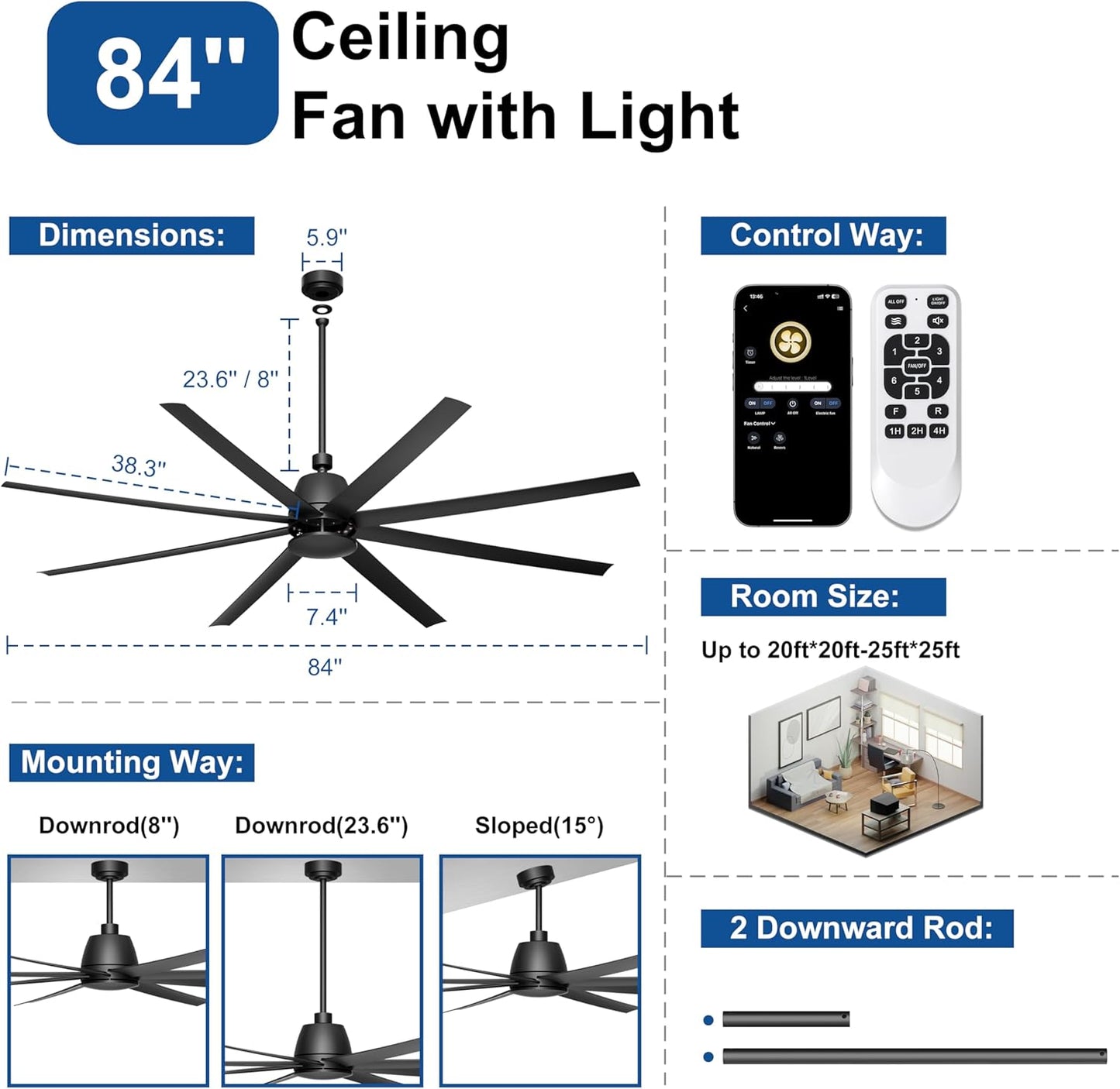65 Inch Ceiling Fan with Lights - Black Ceiling Fan with Remote & APP Control, 3CCT, Dimmable, Quiet Reversible DC Motor, Indoor Outdoor Ceiling Fans for Patio Living Room Garage Shop
