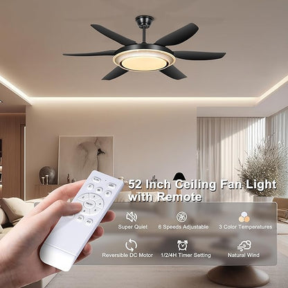 52'' Chandelier Ceiling Fan - Modern Black Fandelier Ceiling Fan with Bright Lights, Remote Controlled, Silent Fandaliers Fan for Bedroom Kitchen