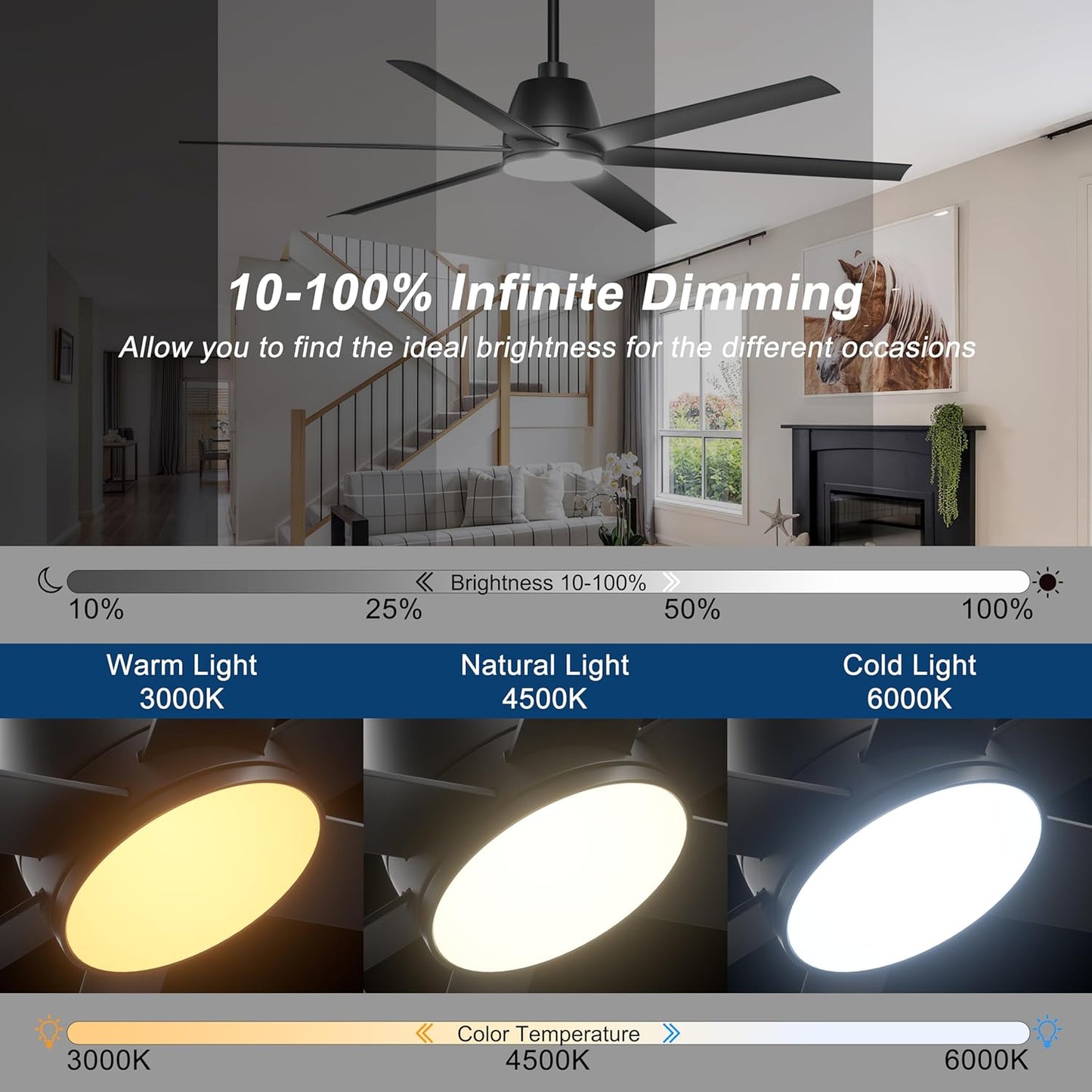 65 Inch Ceiling Fan with Lights - Black Ceiling Fan with Remote & APP Control, 3CCT, Dimmable, Quiet Reversible DC Motor, Indoor Outdoor Ceiling Fans for Patio Living Room Garage Shop