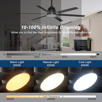 65 Inch Ceiling Fan with Lights - Black Ceiling Fan with Remote & APP Control, 3CCT, Dimmable, Quiet Reversible DC Motor, Indoor Outdoor Ceiling Fans for Patio Living Room Garage Shop