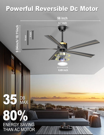 56" Ceiling Fan with Light, Black Ceiling Fan Remote Control - 3CCT, Quiet DC Motor Ceiling Fans for Indoor Outdoor Patio, Living Room