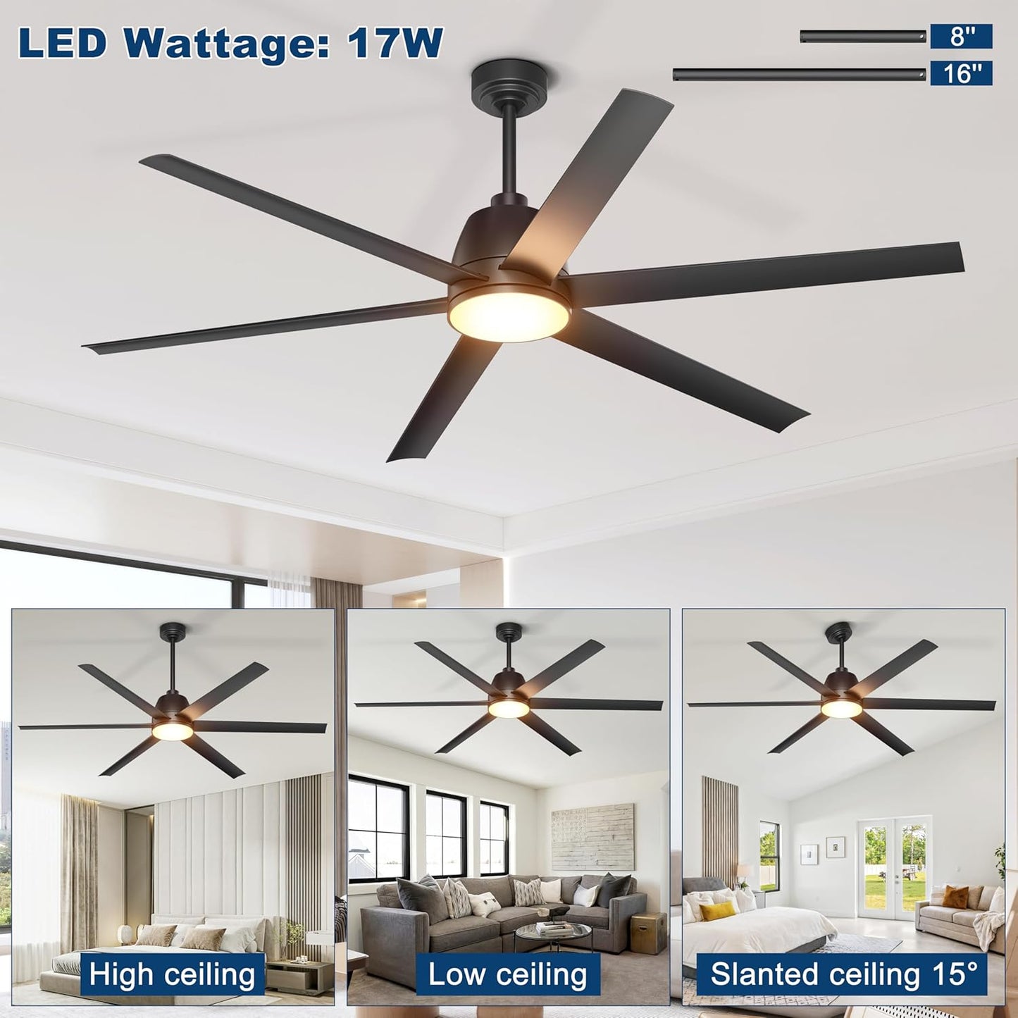 65 Inch Ceiling Fan with Lights - Black Ceiling Fan with Remote & APP Control, 3CCT, Dimmable, Quiet Reversible DC Motor, Indoor Outdoor Ceiling Fans for Patio Living Room Garage Shop