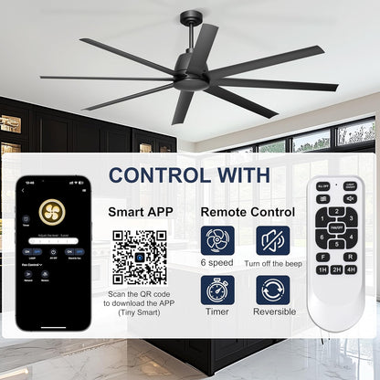 65 Inch Ceiling Fan with Lights - Black Ceiling Fan with Remote & APP Control, 3CCT, Dimmable, Quiet Reversible DC Motor, Indoor Outdoor Ceiling Fans for Patio Living Room Garage Shop