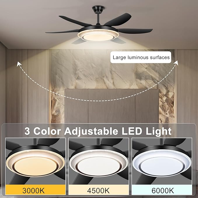 52'' Chandelier Ceiling Fan - Modern Black Fandelier Ceiling Fan with Bright Lights, Remote Controlled, Silent Fandaliers Fan for Bedroom Kitchen