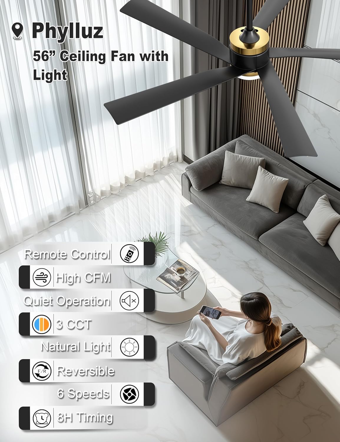 56" Ceiling Fan with Light, Black Ceiling Fan Remote Control - 3CCT, Quiet DC Motor Ceiling Fans for Indoor Outdoor Patio, Living Room