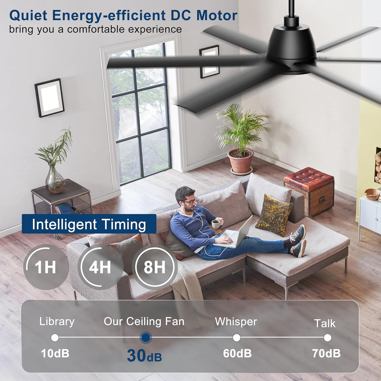 65 Inch Ceiling Fan with Lights - Black Ceiling Fan with Remote & APP Control, 3CCT, Dimmable, Quiet Reversible DC Motor, Indoor Outdoor Ceiling Fans for Patio Living Room Garage Shop
