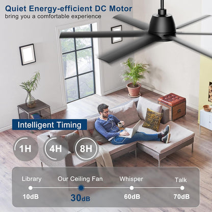 65 Inch Ceiling Fan with Lights - Black Ceiling Fan with Remote & APP Control, 3CCT, Dimmable, Quiet Reversible DC Motor, Indoor Outdoor Ceiling Fans for Patio Living Room Garage Shop