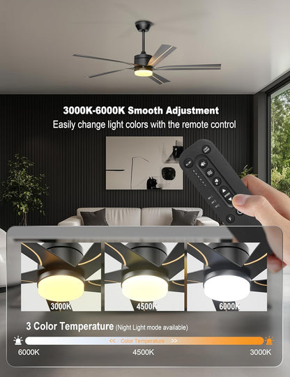 56" Ceiling Fan with Light, Black Ceiling Fan Remote Control - 3CCT, Quiet DC Motor Ceiling Fans for Indoor Outdoor Patio, Living Room