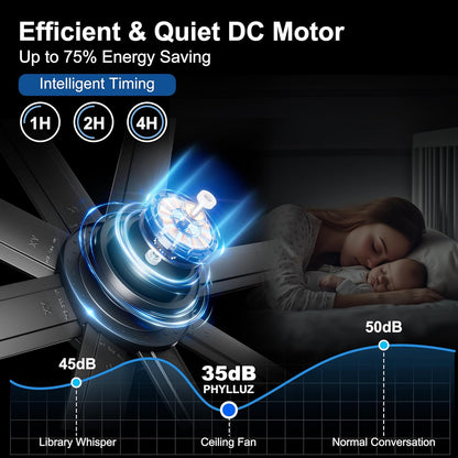 65 Inch Ceiling Fan with Lights - Black Ceiling Fan with Remote & APP Control, 3CCT, Dimmable, Quiet Reversible DC Motor, Indoor Outdoor Ceiling Fans for Patio Living Room Garage Shop