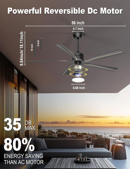 56" Ceiling Fan with Light, Black Ceiling Fan Remote Control - 3CCT, Quiet DC Motor Ceiling Fans for Indoor Outdoor Patio, Living Room