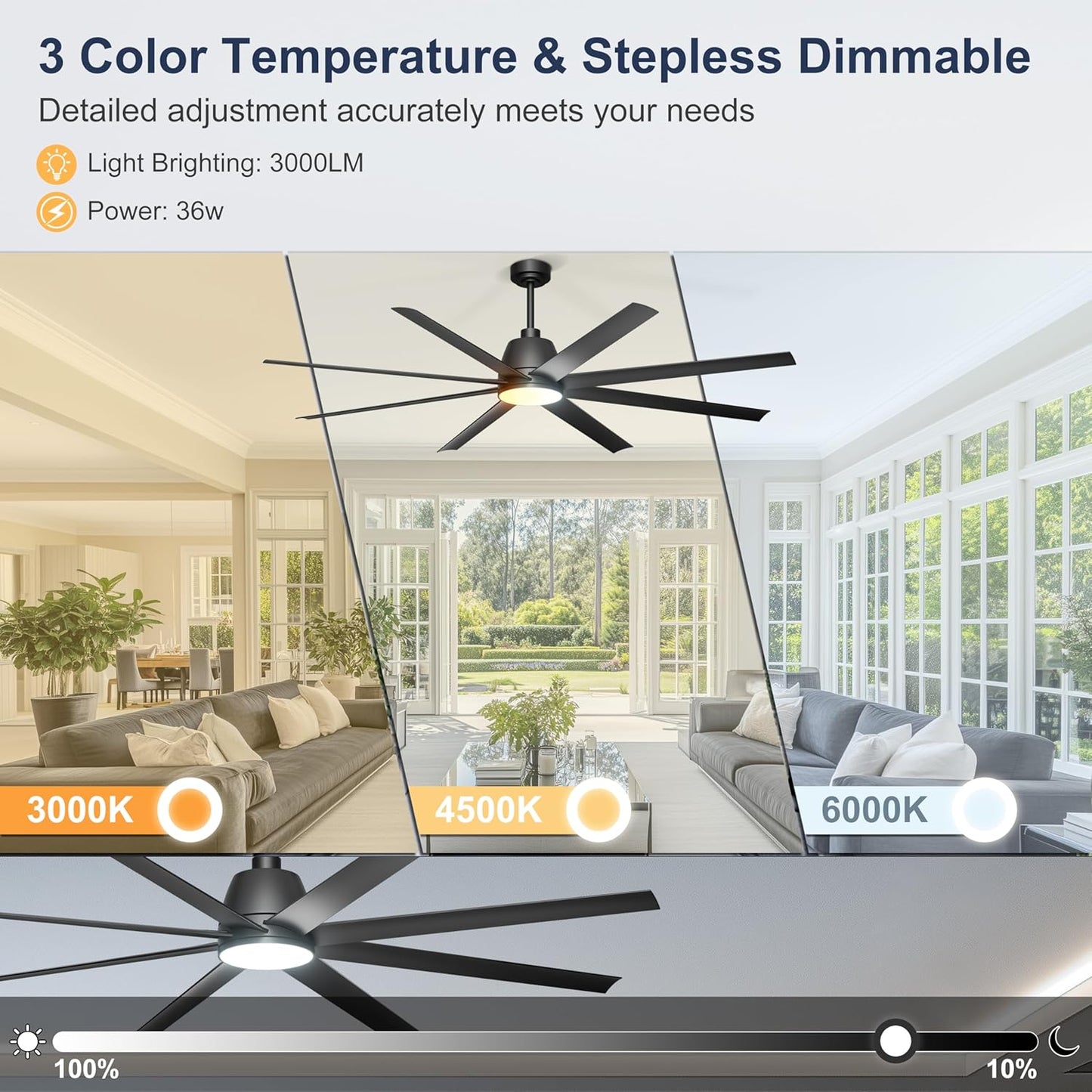 65 Inch Ceiling Fan with Lights - Black Ceiling Fan with Remote & APP Control, 3CCT, Dimmable, Quiet Reversible DC Motor, Indoor Outdoor Ceiling Fans for Patio Living Room Garage Shop