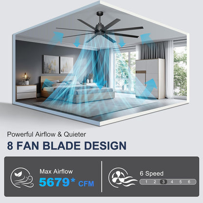 65 Inch Ceiling Fan with Lights - Black Ceiling Fan with Remote & APP Control, 3CCT, Dimmable, Quiet Reversible DC Motor, Indoor Outdoor Ceiling Fans for Patio Living Room Garage Shop