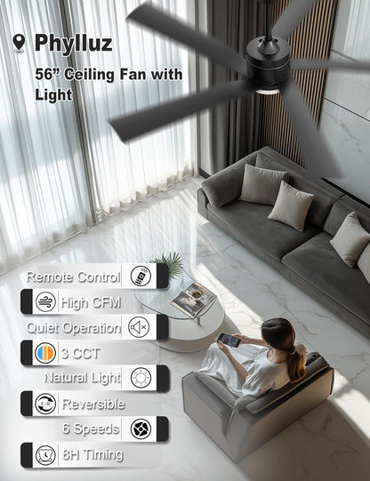 56" Ceiling Fan with Light, Black Ceiling Fan Remote Control - 3CCT, Quiet DC Motor Ceiling Fans for Indoor Outdoor Patio, Living Room
