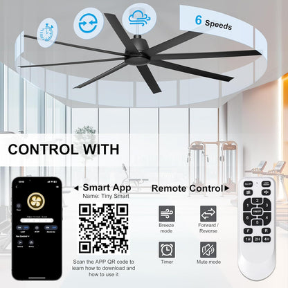 65 Inch Ceiling Fan with Lights - Black Ceiling Fan with Remote & APP Control, 3CCT, Dimmable, Quiet Reversible DC Motor, Indoor Outdoor Ceiling Fans for Patio Living Room Garage Shop