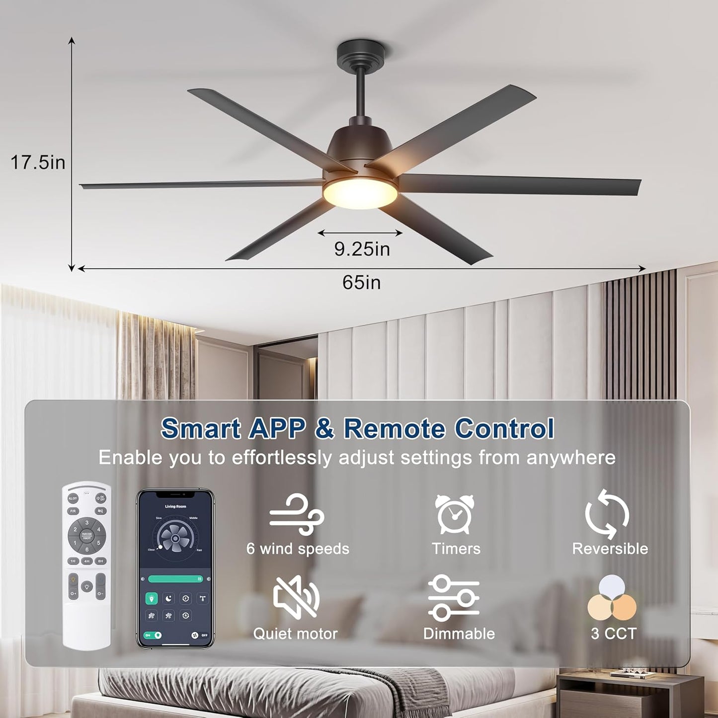 65 Inch Ceiling Fan with Lights - Black Ceiling Fan with Remote & APP Control, 3CCT, Dimmable, Quiet Reversible DC Motor, Indoor Outdoor Ceiling Fans for Patio Living Room Garage Shop
