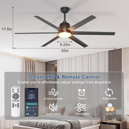 65 Inch Ceiling Fan with Lights - Black Ceiling Fan with Remote & APP Control, 3CCT, Dimmable, Quiet Reversible DC Motor, Indoor Outdoor Ceiling Fans for Patio Living Room Garage Shop