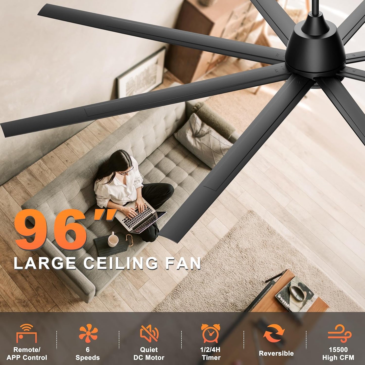 65 Inch Ceiling Fan with Lights - Black Ceiling Fan with Remote & APP Control, 3CCT, Dimmable, Quiet Reversible DC Motor, Indoor Outdoor Ceiling Fans for Patio Living Room Garage Shop