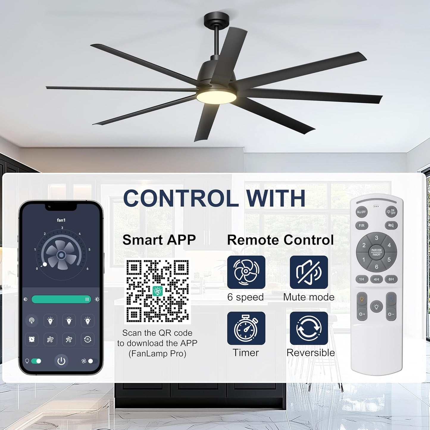 65 Inch Ceiling Fan with Lights - Black Ceiling Fan with Remote & APP Control, 3CCT, Dimmable, Quiet Reversible DC Motor, Indoor Outdoor Ceiling Fans for Patio Living Room Garage Shop